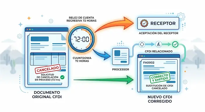 Diagrama del proceso de cancelación de un CFDI 4.0: solicitud, cuenta regresiva de 72 horas y emisión del nuevo comprobante corregido.