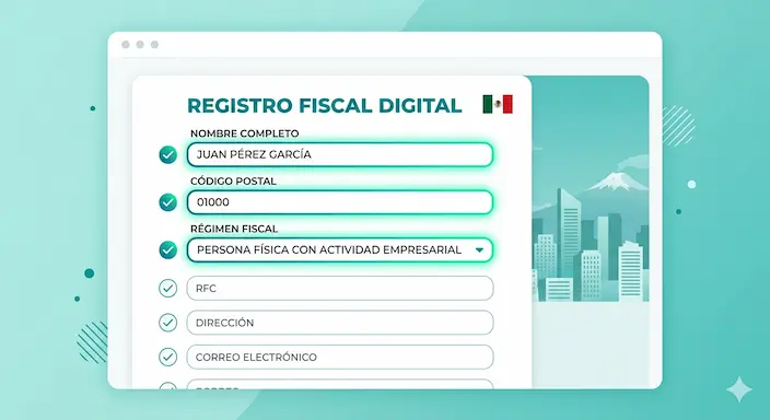 Pantalla de registro fiscal digital mostrando los campos obligatorios del CFDI 4.0: nombre completo, código postal y régimen fiscal del receptor.