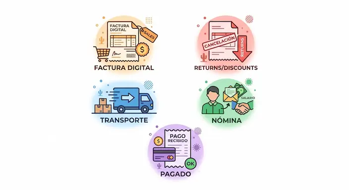 Ilustración de los cinco tipos de CFDI 4.0 en México: factura digital, devoluciones, traslado, nómina y pago.